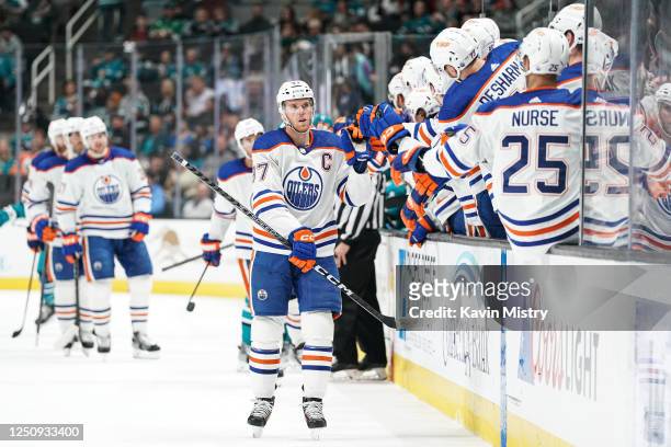 Connor McDavid of the Edmonton Oilers celebrates scoring a goal in the first period against the San Jose Sharks at SAP Center on April 8, 2023 in San...