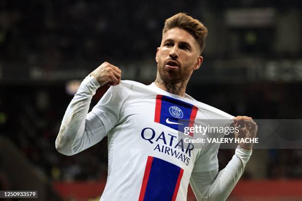 Paris Saint-Germain's Spanish defender Sergio Ramos celebrates after scoring a goal during the French L1 football match between Nice and Paris...