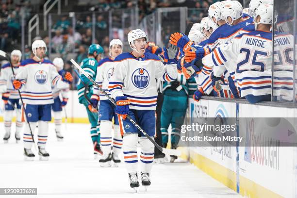 Ryan Nugent-Hopkins of the Edmonton Oilers celebrates scoring a goal in the first period against the San Jose Sharks at SAP Center on April 8, 2023...