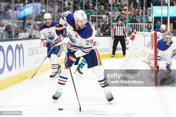 Leon Draisaitl of the Edmonton Oilers skates with the puck in the first period against the San Jose Sharks at SAP Center on April 8, 2023 in San...
