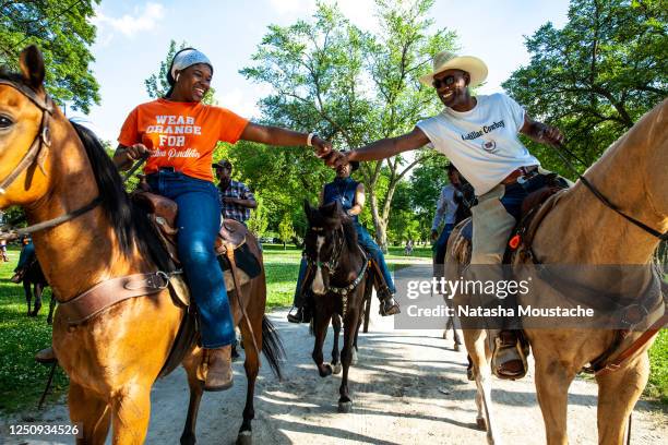 Black Chicagoan and Indiana horse owners ride through Washington Park on June 19, 2020 in Chicago, Illinois. Juneteenth commemorates June 19 when a...