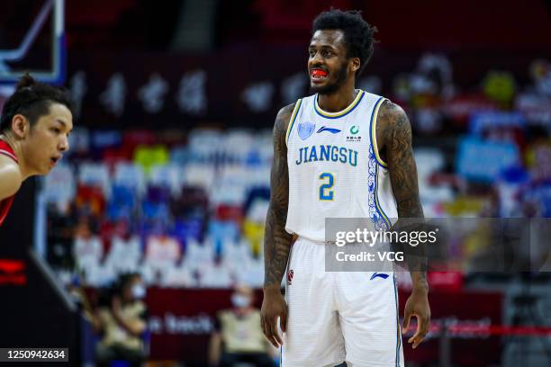 Antonio Blakeney of Jiangsu Dragons reacts during 2019/2020 Chinese Basketball Association League match between Jiangsu Dragons and Shenzhen Aviators...