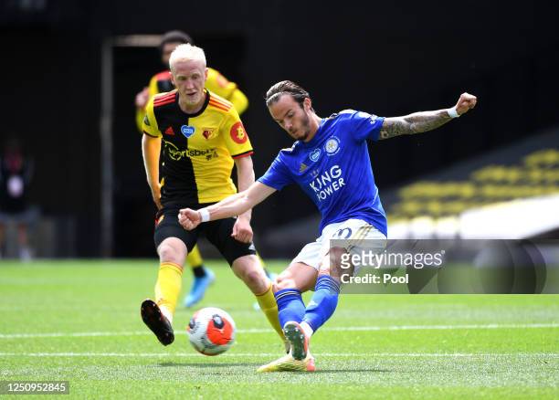 James Maddison of Leicester City is challenged by Will Hughes of Watford during the Premier League match between Watford FC and Leicester City at...