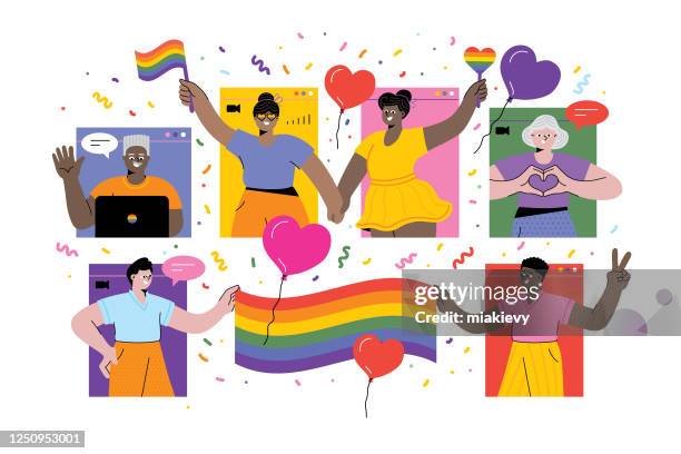 ilustraciones, imágenes clip art, dibujos animados e iconos de stock de celebrando el orgullo en línea - lgbtqi rights