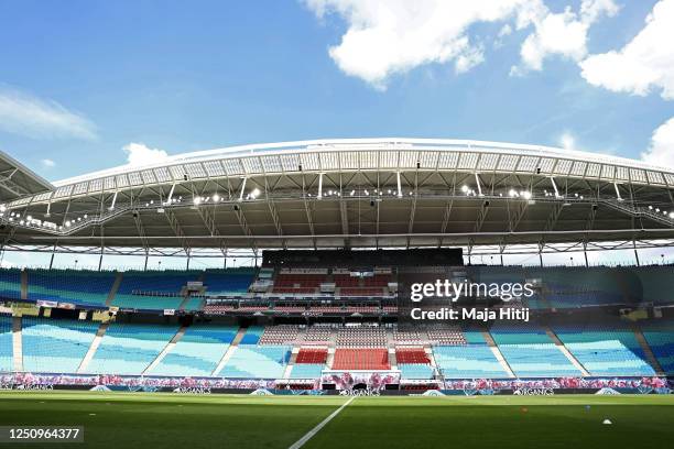 General view of the empty stadium ahead of the Bundesliga match between RB Leipzig and Borussia Dortmund at Red Bull Arena on June 20, 2020 in...