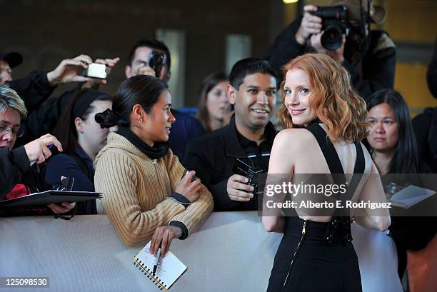 Actress Jessica Chastain signs autographs at "Take Shelter" Premiere at Ryerson Theatre during the 2011 Toronto International Film Festival on...