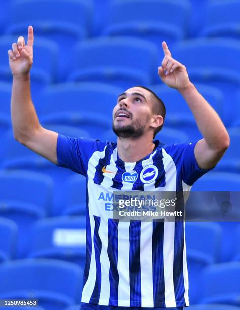 Neal Maupay of Brighton and Hove Albion celebrates after scoring his team's second goal during the Premier League match between Brighton & Hove...