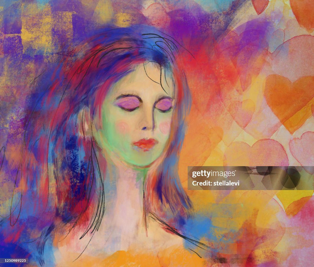 Woman with eyes closed painting. meditation love and relaxation