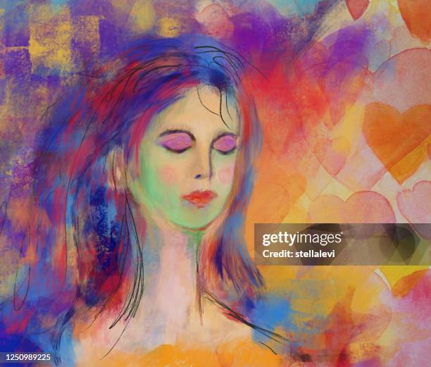 woman with eyes closed painting. meditation love and relaxation - happy face drawing stock illustrations