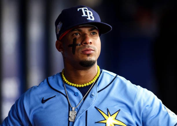 Wander Franco of the Tampa Bay Rays looks on from the dugout during the third inning against the Oakland Athletics at Tropicana Field on April 08,...