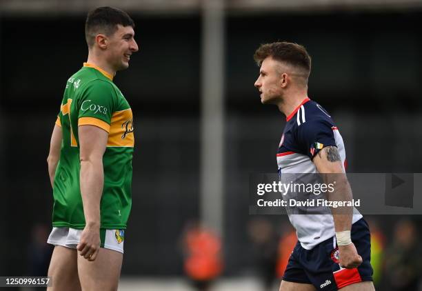 New York , United States - 8 April 2023; Eoghan Kerin of New York with Jack Heslin of Leitrim during the Connacht GAA Football Senior Championship...