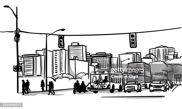 street scene - crowded city street drawing stock illustrations