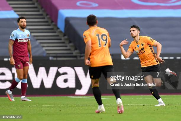 Pedro Neto of Wolverhampton Wanderers celebrates after scoring his team's second goal during the Premier League match between West Ham United and...