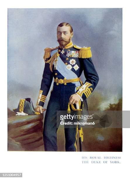 antique color portrait of king george v, the duke of york - könig königliche persönlichkeit stock-fotos und bilder