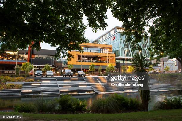 people sitting on stairs and enjoying their moment by avon river in downtown christchurch - christchurch new zealand stock pictures, royalty-free photos & images