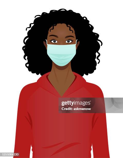 ilustraciones, imágenes clip art, dibujos animados e iconos de stock de joven mujer negra en un retrato de máscara quirúrgica - african american woman