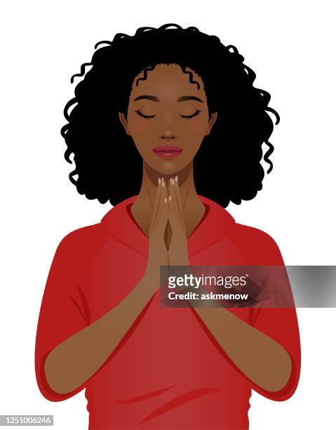 young black woman praying - curly hair woman stock illustrations