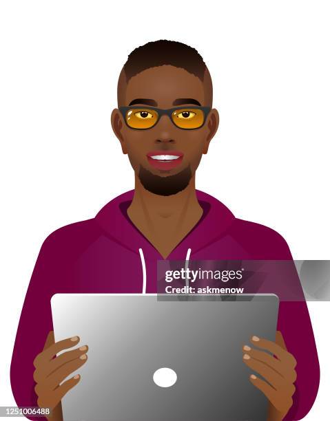 young black man in eyeglasses - web designer white background stock illustrations