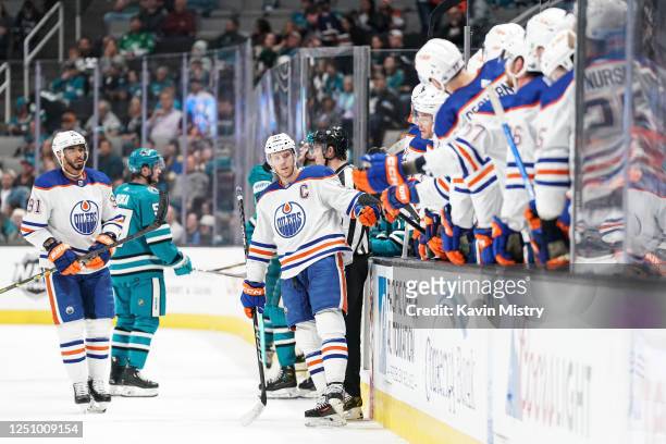 Connor McDavid of the Edmonton Oilers celebrates scoring a goal in the third period against the San Jose Sharks at SAP Center on April 8, 2023 in San...
