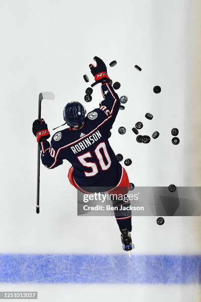 Eric Robinson of the Columbus Blue Jackets takes the ice for pregame warmups prior to a game against the New York Rangers at Nationwide Arena on...