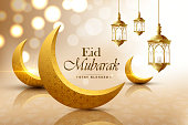 Eid mubarak, realistic crescent moon, wish greeting poster, illustration vector
