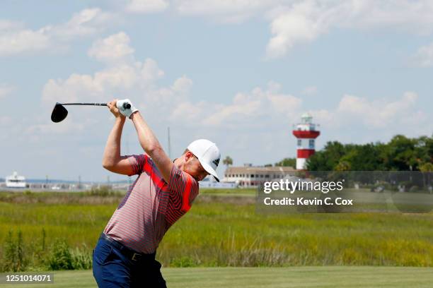 Daniel Berger of the United States plays his shot from the 18th tee during the third round of the RBC Heritage on June 20, 2020 at Harbour Town Golf...