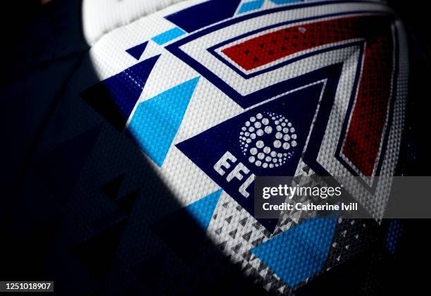 The EFL logo on the match ball during the Sky Bet Championship match between West Bromwich Albion and Birmingham City at The Hawthorns on June 20,...