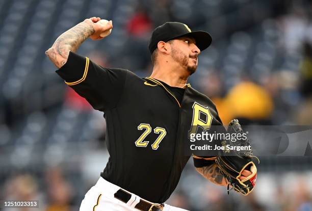 Vince Velasquez of the Pittsburgh Pirates pitches in the first inning against the Chicago White Sox during inter-league play at PNC Park on April 8,...
