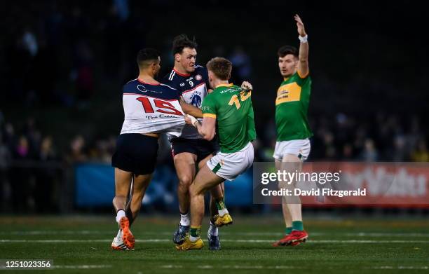 New York , United States - 8 April 2023; Adam Reynolds of Leitrim tussles with Daniel O'Sullivan, left, and Gavin O'Brien of New York during the...