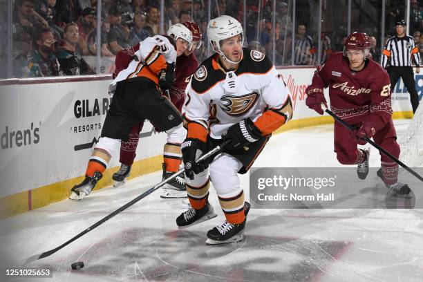Jayson Megna of the Anaheim Ducks skates with the puck during the second period against the Arizona Coyotes at Mullett Arena on April 08, 2023 in...