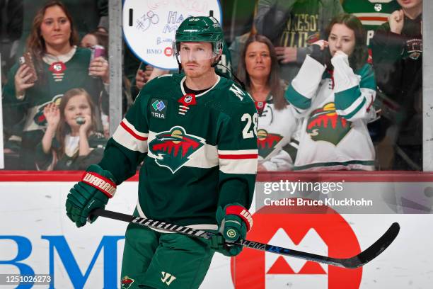 Gustav Nyquist of the Minnesota Wild looks on prior to the start of the game against the St. Louis Blues at Xcel Energy Center on April 8, 2023 in S....