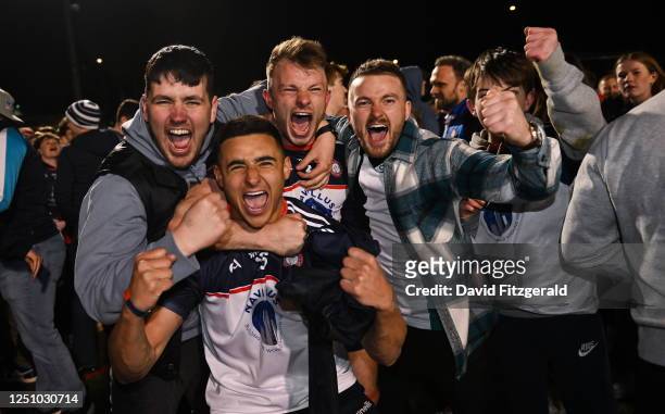 New York , United States - 8 April 2023; Daniel O'Sullivan, left, and Eoghan Kerin of New York celebrate with supporters after the Connacht GAA...