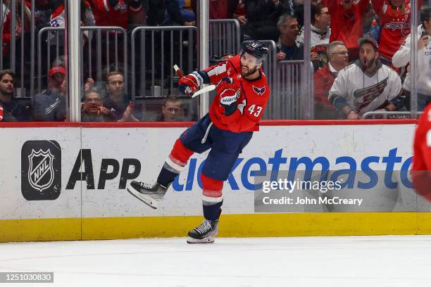 Tom Wilson of the Washington Capitals celebrates a goal in the second period against the Florida Panthers at Capital One Arena on April 8, 2023 in...