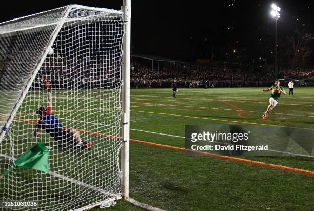 New York , United States - 8 April 2023; Shane Quinn of Leitrim takes a penalty which hits the crossbar during the Connacht GAA Football Senior...