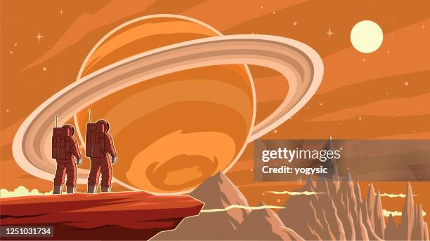vector retro astronaut exploring planet stock illustration - astronauts teamwork stock illustrations