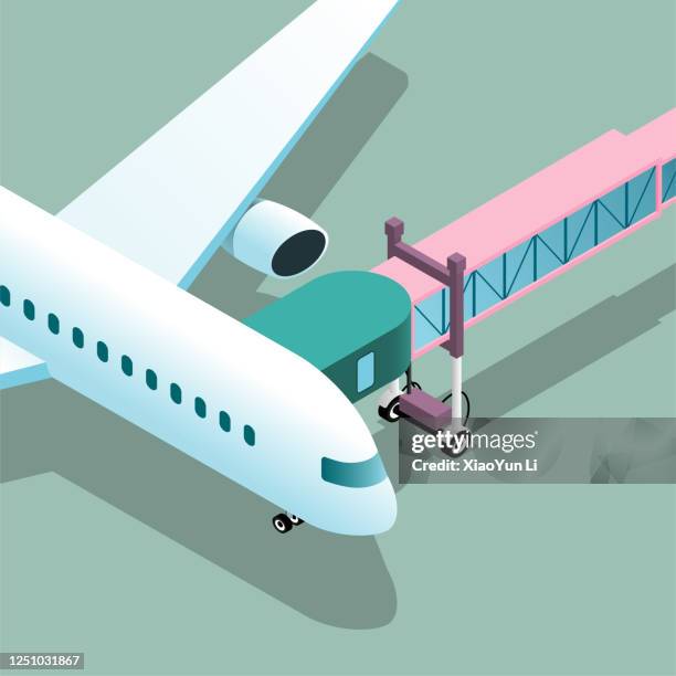 vector gezeichnete ecke des flughafens,ein passagierflugzeug wurde auf dem grünen vorfeld geparkt und mit der boarding-brücke verbunden. - passenger boarding bridge stock-grafiken, -clipart, -cartoons und -symbole