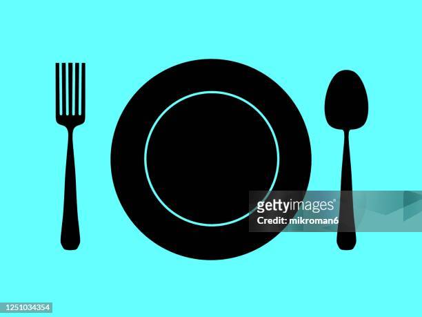 drawing of a plate with a spoon and a fork - food icon set stock pictures, royalty-free photos & images