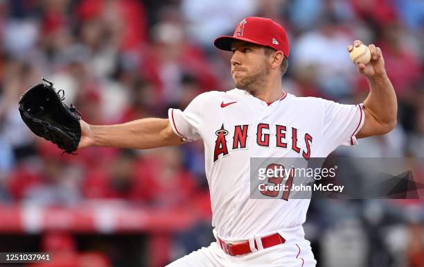 Tyler Anderson of the Los Angeles Angels pitches in the second inning of the game against the Toronto Blue Jays at Angel Stadium of Anaheim on April...