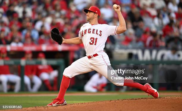 Tyler Anderson of the Los Angeles Angels pitches in the second inning of the game against the Toronto Blue Jays at Angel Stadium of Anaheim on April...