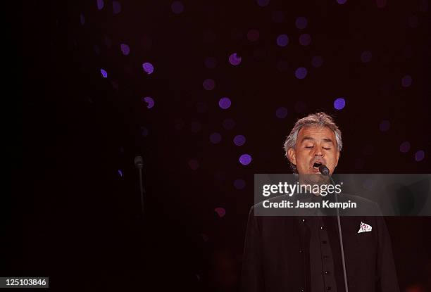 Singer Andrea Bocelli performs at Central Park, Great Lawn on September 15, 2011 in New York City.