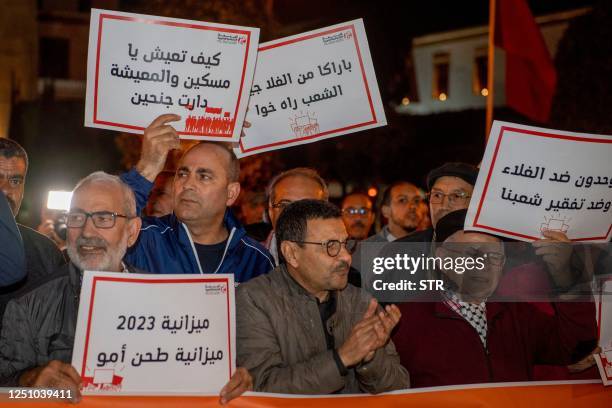 Moroccans take part in a demonstration against the high cost of living in Rabat on April 8, 2023.