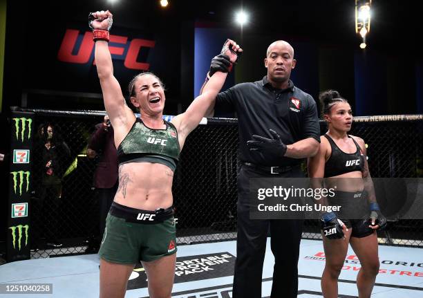 Tecia Torres reacts after her victory over Brianna Van Buren in their strawweight bout during the UFC Fight Night event at UFC APEX on June 20, 2020...