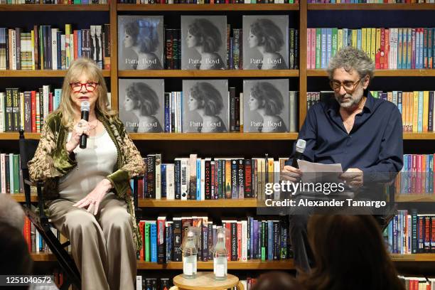 Pattie Boyd and Mitchell Kaplan are seen at Books & Books where Pattie Boyd presented her new book Pattie Boyd: My Life in Pictures on April 8, 2023...