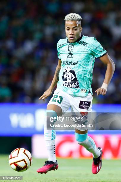 Byron Castillo of Leon drives the ball during the 14th round match between Leon and Cruz Azul as part of the Torneo Clausura 2023 Liga MX at Leon...