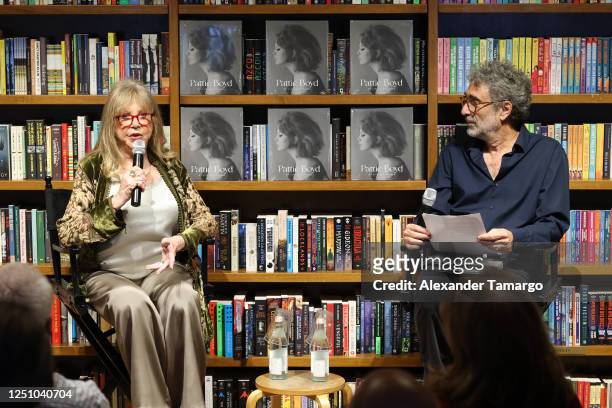 Pattie Boyd and Mitchell Kaplan are seen at Books & Books where Pattie Boyd presented her new book Pattie Boyd: My Life in Pictures on April 8, 2023...