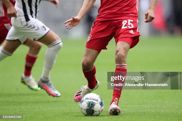 Thomas Müller of FC Bayern Muenchen runs with the ball during the Bundesliga match between FC Bayern Muenchen and Sport-Club Freiburg at Allianz...