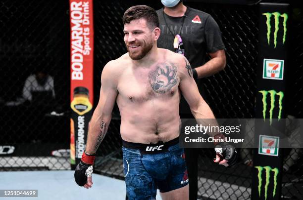 Jim Miller celebrates after his submission victory over Roosevelt Roberts in their bout during the UFC Fight Night event at UFC APEX on June 20, 2020...