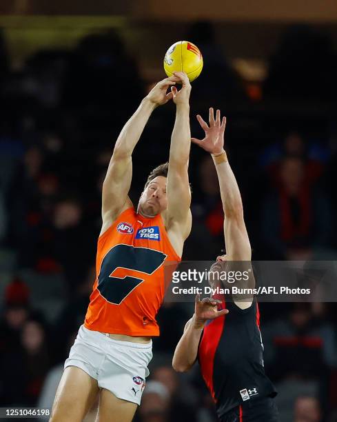Toby Greene of the Giants attempts to mark the ball during the 2023 AFL Round 04 match between the Essendon Bombers and the GWS Giants at Marvel...