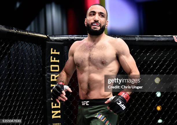 Belal Muhammad prepares to fight Lyman Good in their welterweight bout during the UFC Fight Night event at UFC APEX on June 20, 2020 in Las Vegas,...