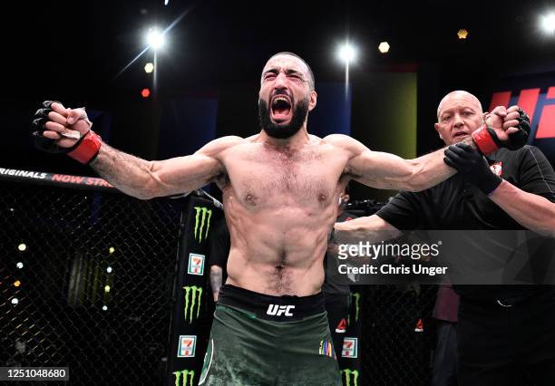 Belal Muhammad celebrates after his decision victory over Lyman Good in their welterweight bout during the UFC Fight Night event at UFC APEX on June...